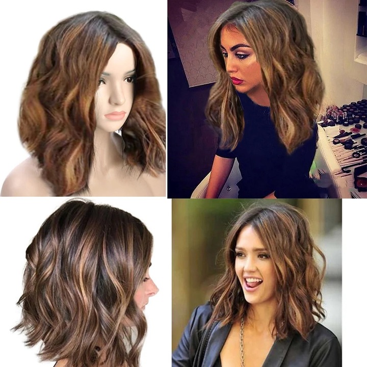 Peruca scurta si ondulata, fara lipici, brunet cu suvite blonde