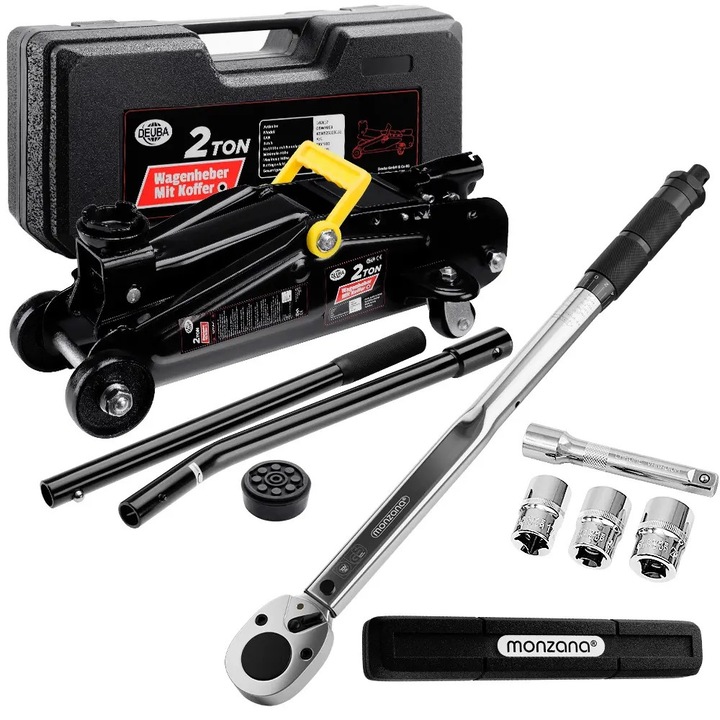 Cric auto Monzana, 2 tone, 135-330mm, Cheie dinamometrica, 6 piese, Metal, Negru