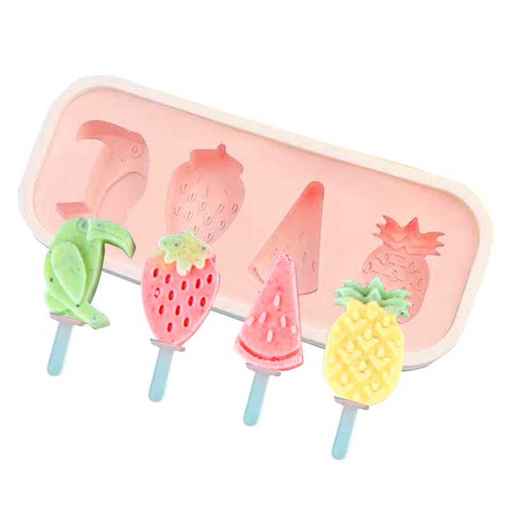 Set forme de inghetata din silicon, 4 forme fructe, reutilizabile, usor de curatat, roz