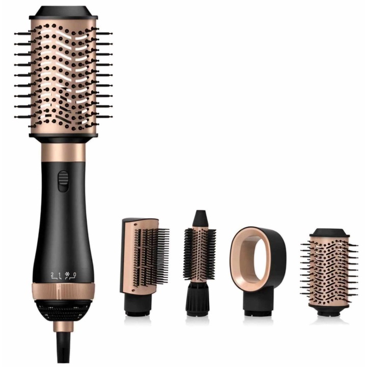 Четка сешоар мултистайлър Lexical LAS-5204, Въртяща, 4в1, 1200W, Светлинен индикатор, Скорост на въртене: 29000RPM, Размер: 23.11х4.57х4.06 сантиметра, Цвят: Черен/розово злато