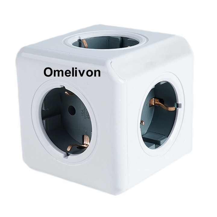 Stecher cu 3 prize AC Omelivon, design compact, cu capac glisant, economisire de spatiu