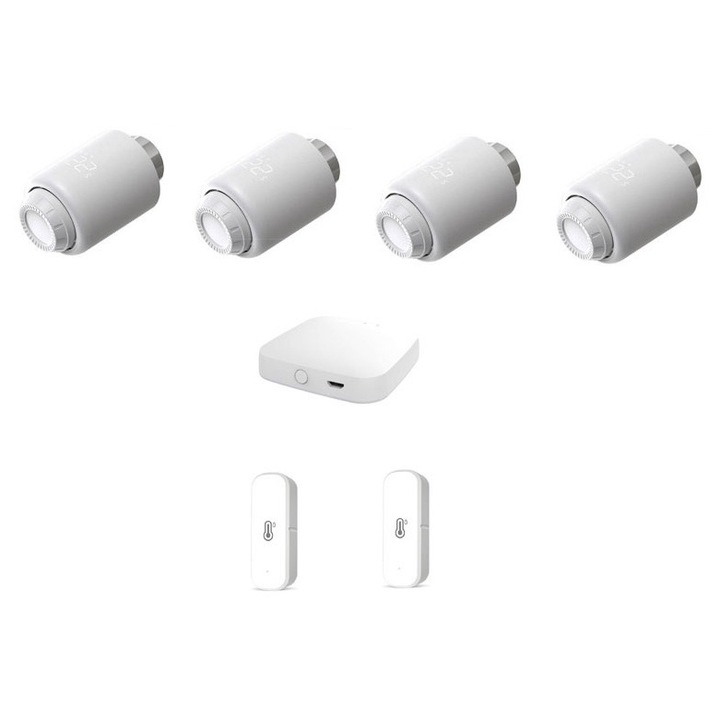 Пакет от 4 интелигентни термостатни глави, 1 Tuya ZigBee 3.0 WiFi Hub Gateway, 1 Zigbee Gateway, 2 сензора за температура/влажност, ZigBee, съвместим с Tuya/SmartLife @SmartWiz