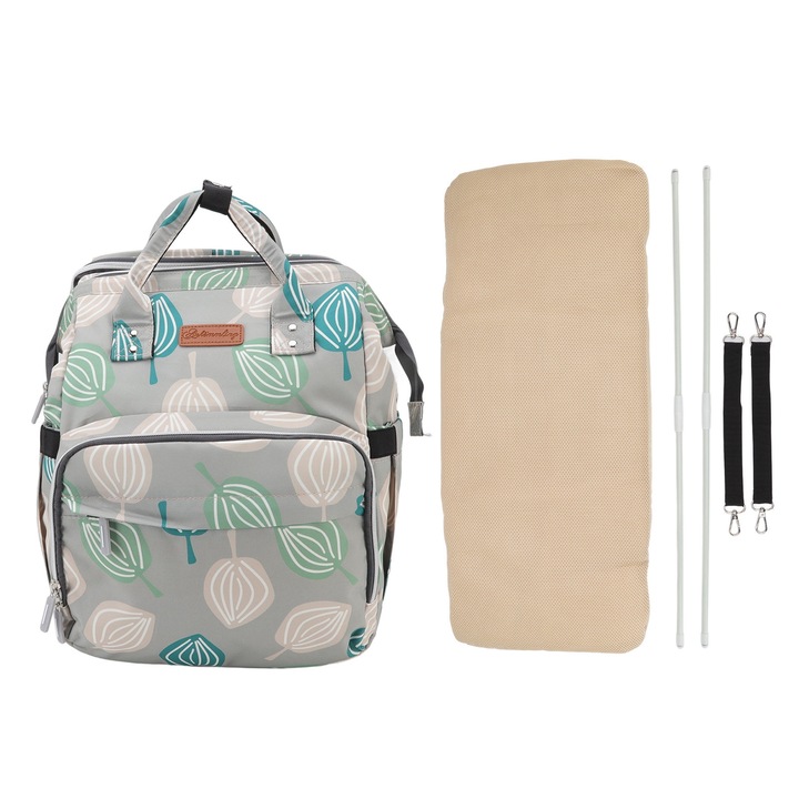 Geanta pentru schimbarea scutecelor bebelusului Rucsac portabil cu patut pliabil multifunctional cu capacitate mare de 20L pentru calatorii, mamici, baieti, fete, modele cu frunze verzi