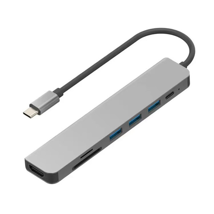 USB C 7-в-1 хъб, 100W, 4K HDMI, четец за SD и Micro SD карти, сив, CB-CE18