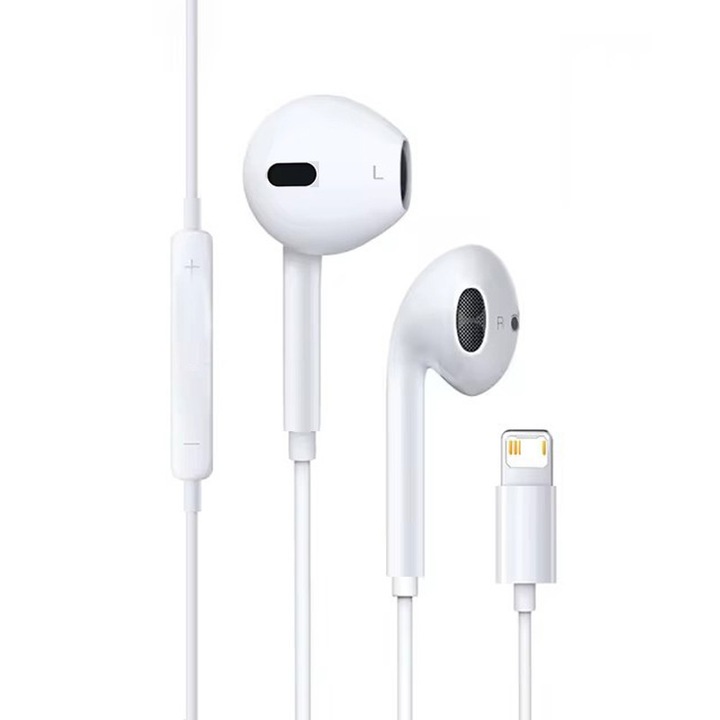 Casti cu fir, microfon integrat, control volum, reducere zgomot, alb