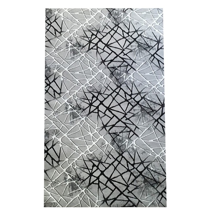 Covor Antiderapant Selin, Abstract, Gri cu Negru, Poliester, 120 x 180 cm