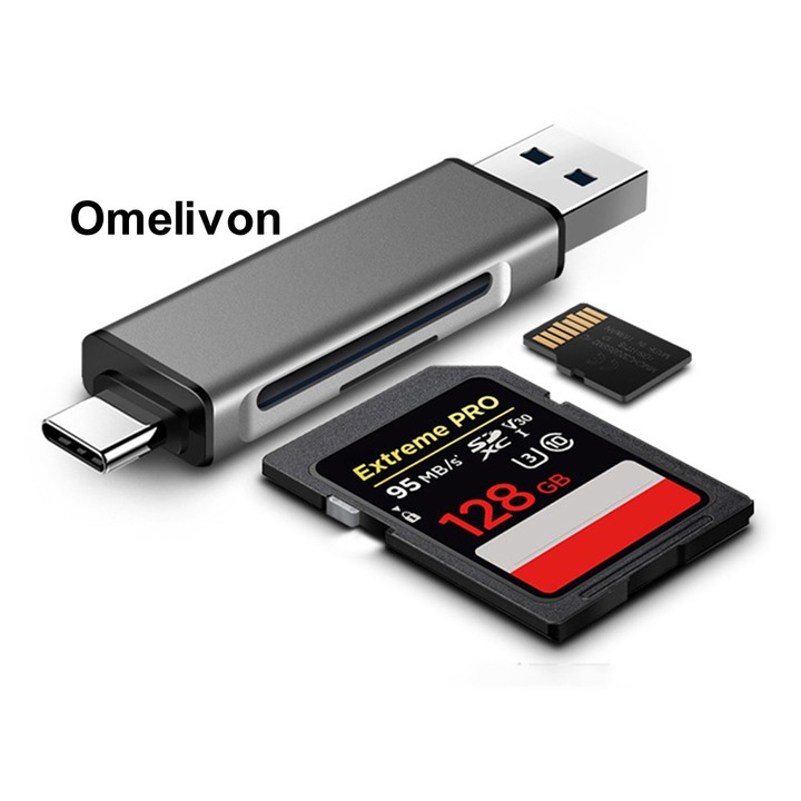 Cititor de carduri Omelivon, adaptor USB C si Micro SD, 2 sloturi, compatibil cu SD, Micro SD, metal rezistent, portabil