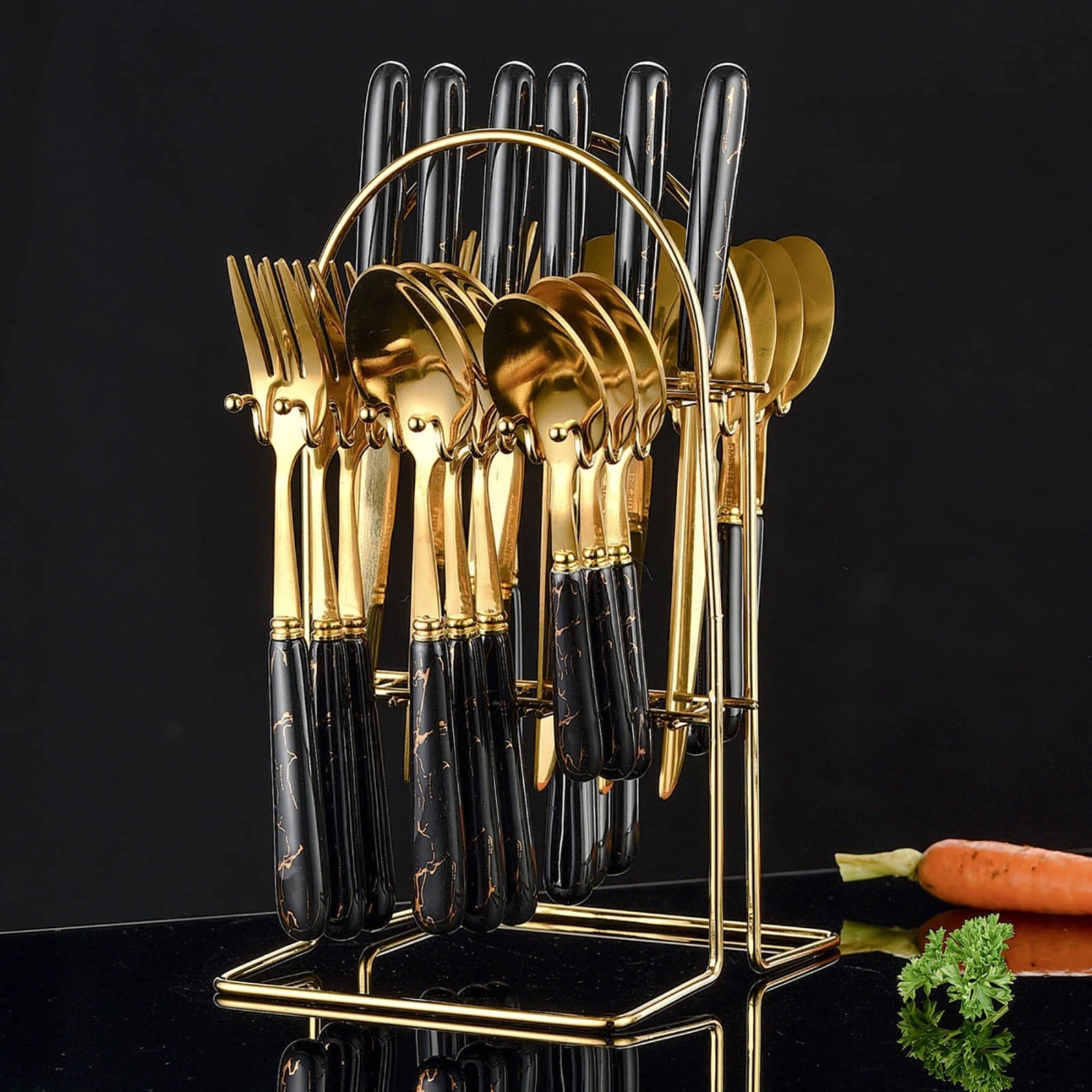 Set tacamuri aurii 24 piese, Zeaicos, cutlery gift set cu suport