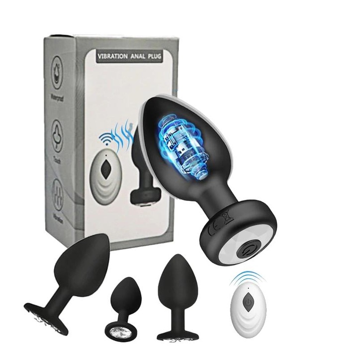 4 db-os anális dugó készlet, 10 frekvencia, vezeték nélküli vezérlés, élelmiszeripari szilikon, különböző méretek, vízálló, ergonomikus kialakítás, fekete