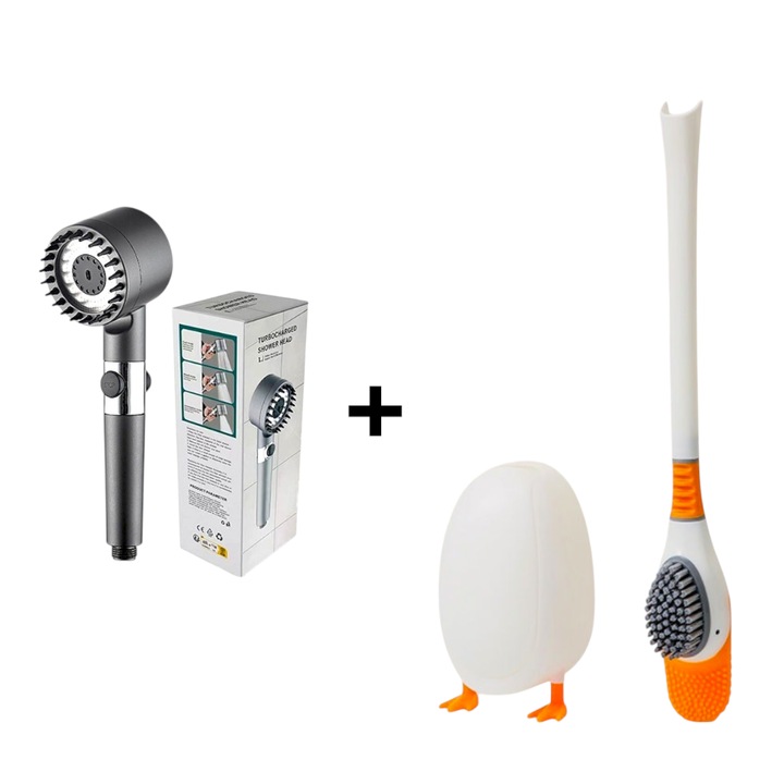 Cap de dus portabil cu presiune mare si filtru, 3 moduri de pulverizare, economie de apa + perie de toaleta tip rata portocalie din silicon, design jucaus, montare pe perete, curatare eficienta, material durabil ABS, masaj relaxant