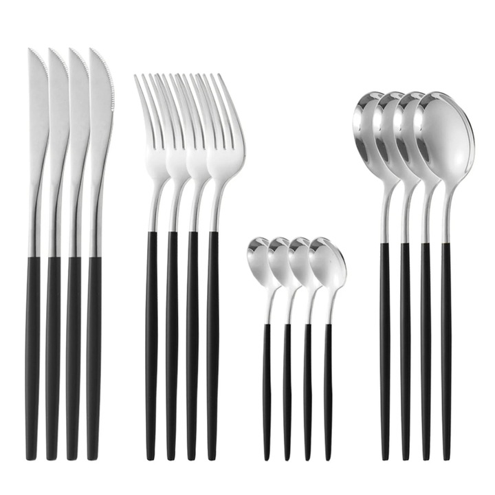 YANYXR BCS3067399 evőeszközkészlet rozsdamentes acélból, 16 darabos (4 személyes) steak késekkel, fekete nyéllel, matt arany