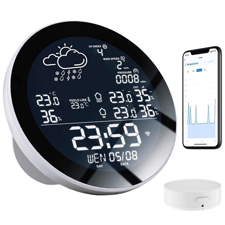 Contor de temperatura si umiditate, control inteligent APP, presiune barometrica / UV / viteza vantului / afisarea datei, reglarea luminozitatii cu 3 viteze, mod de noapte, culoare alba