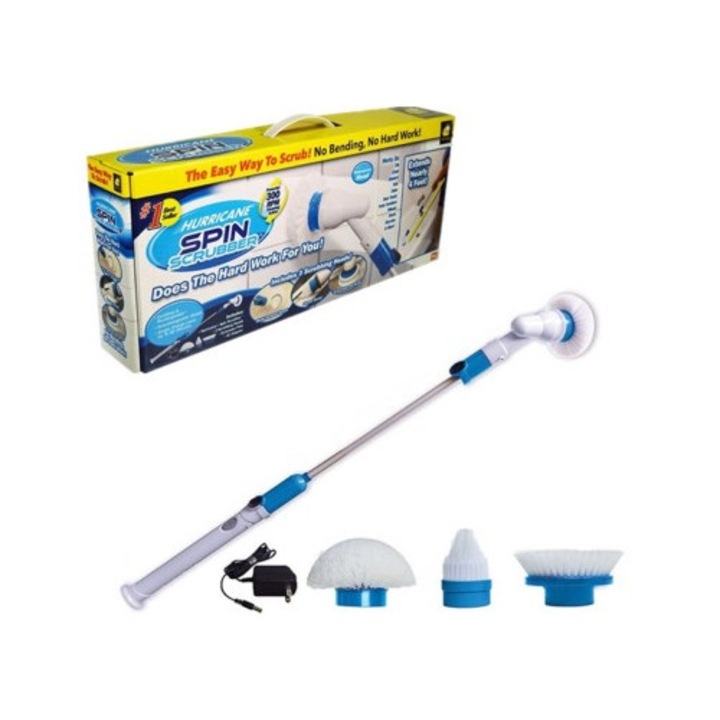 Perie Electrica de Curatare Macvi® cu 3 Capete Intersanjabile, 300 RPM, Acumulator Reincarcabil, Maner Telescopic – Ideala pentru Gresie, Faianta, Cada, Dus