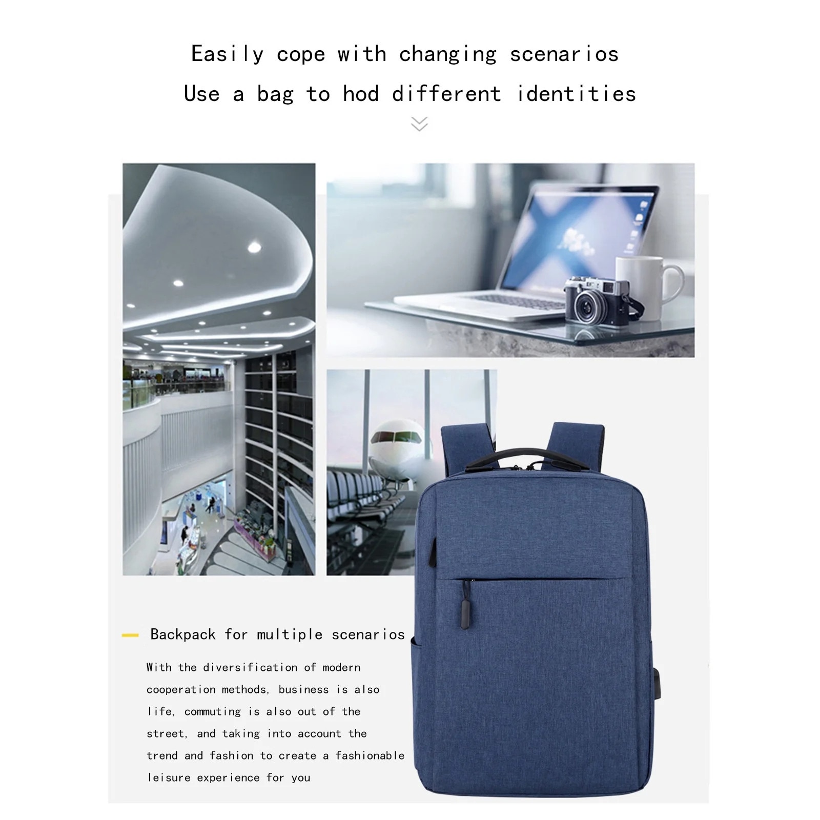 Rucsac de afaceri, impermeabil, pentru laptop de 15.6 inch, cu port USB, albastru, 41x29x12cm