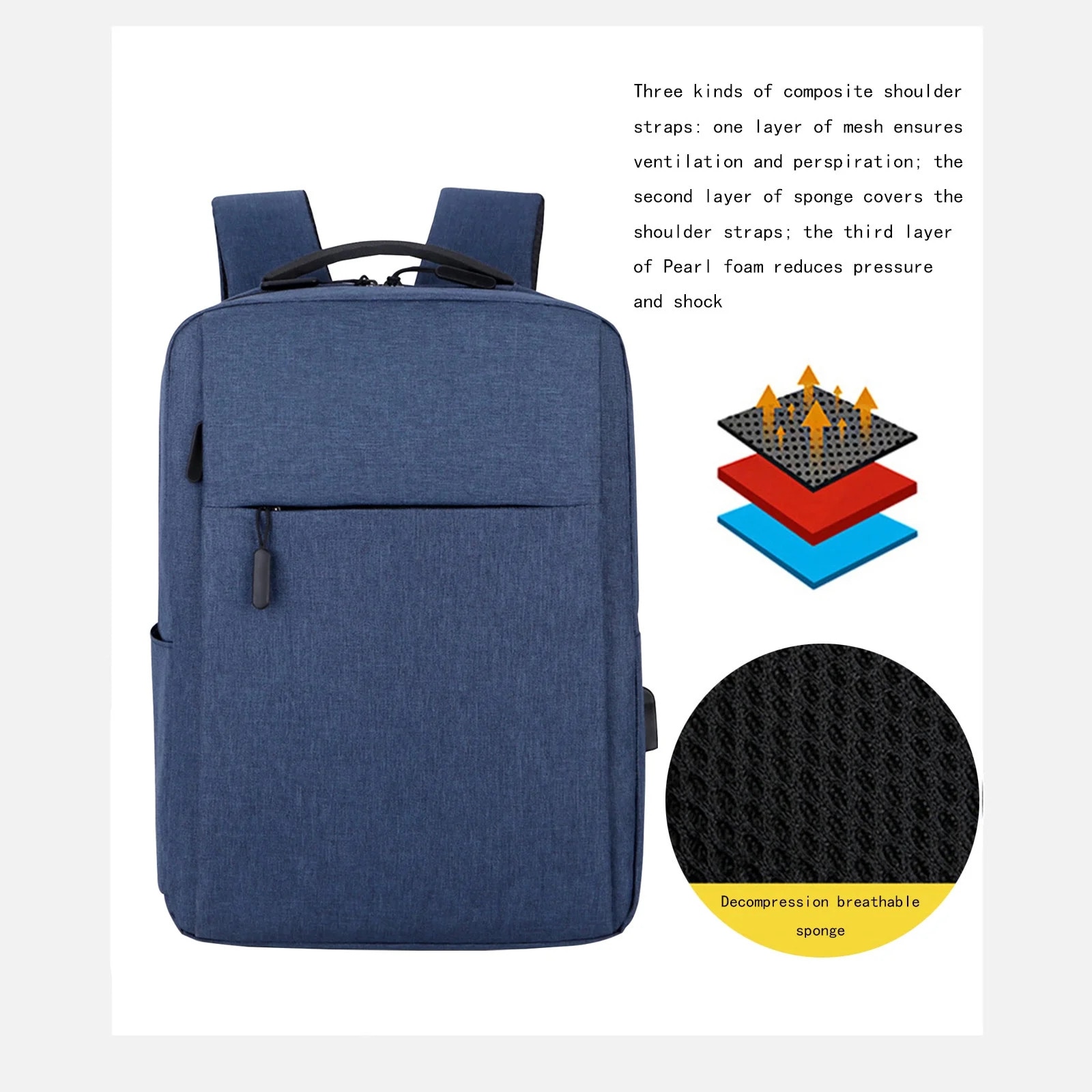 Rucsac de afaceri, impermeabil, pentru laptop de 15.6 inch, cu port USB, albastru, 41x29x12cm
