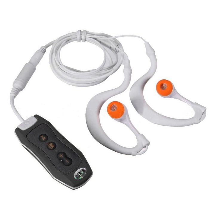 OEM 4 GB-os MP3 lejátszó csipesszel, IPX8 vízállóság, FM rádió, fekete, vízálló fejhallgató szett