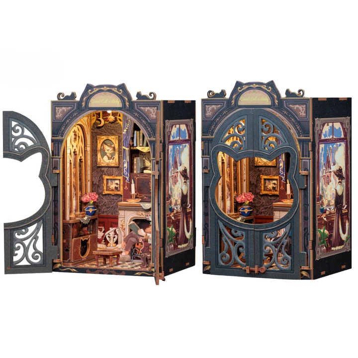 Комплект 3D Пъзел Book Nook Nookche Котешката Библиотека, Разделител за Книги, Направи си сам, DIY, Миниатюра с LED Светлини, Сензорен Бутон, 17x11, 5x10 cm, 108 Части