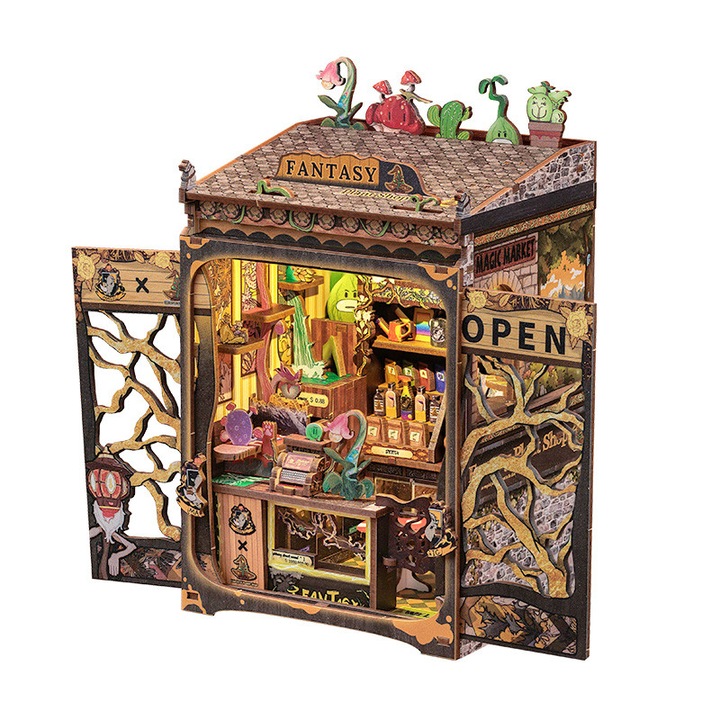 Комплект 3D Пъзел Book Nook Nookche Магическият Магазин, Разделител за Книги, Направи си сам, DIY, Миниатюрен Макет с LED Светлини, Сензорен Бутон, 17x11, 5x10 cm, 146 Части