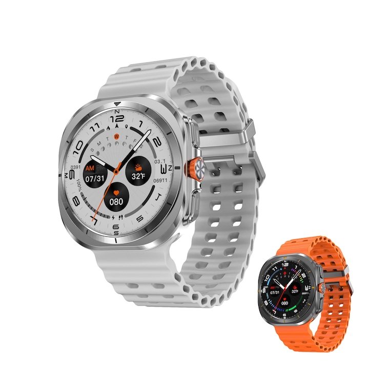 Ceas Smartwatch Fudisenn®, Memorie de 4 GB, Bluetooth 5.3, Functie NFC, Curea alb*1, Curea portocalie*1, Apel, Apel video, Monitorizare somn, Monitorizare ritm cardiac, Suport redare muzica/video, Mod sport 100+, Functie de inregistrare, IP68, Alb