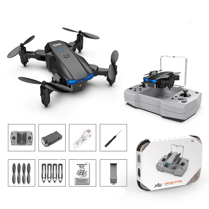 Drona KY906 4K HD cu camera duala, gri/negru, dimensiuni 14.8x13.3x3.6cm, set complet
