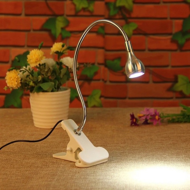 Lampa LED cu clema ZYBLSSBB LSM2xh6754-BCS0222872, USB, brat flexibil, 1W, lumina galben cald, argintiu/alb