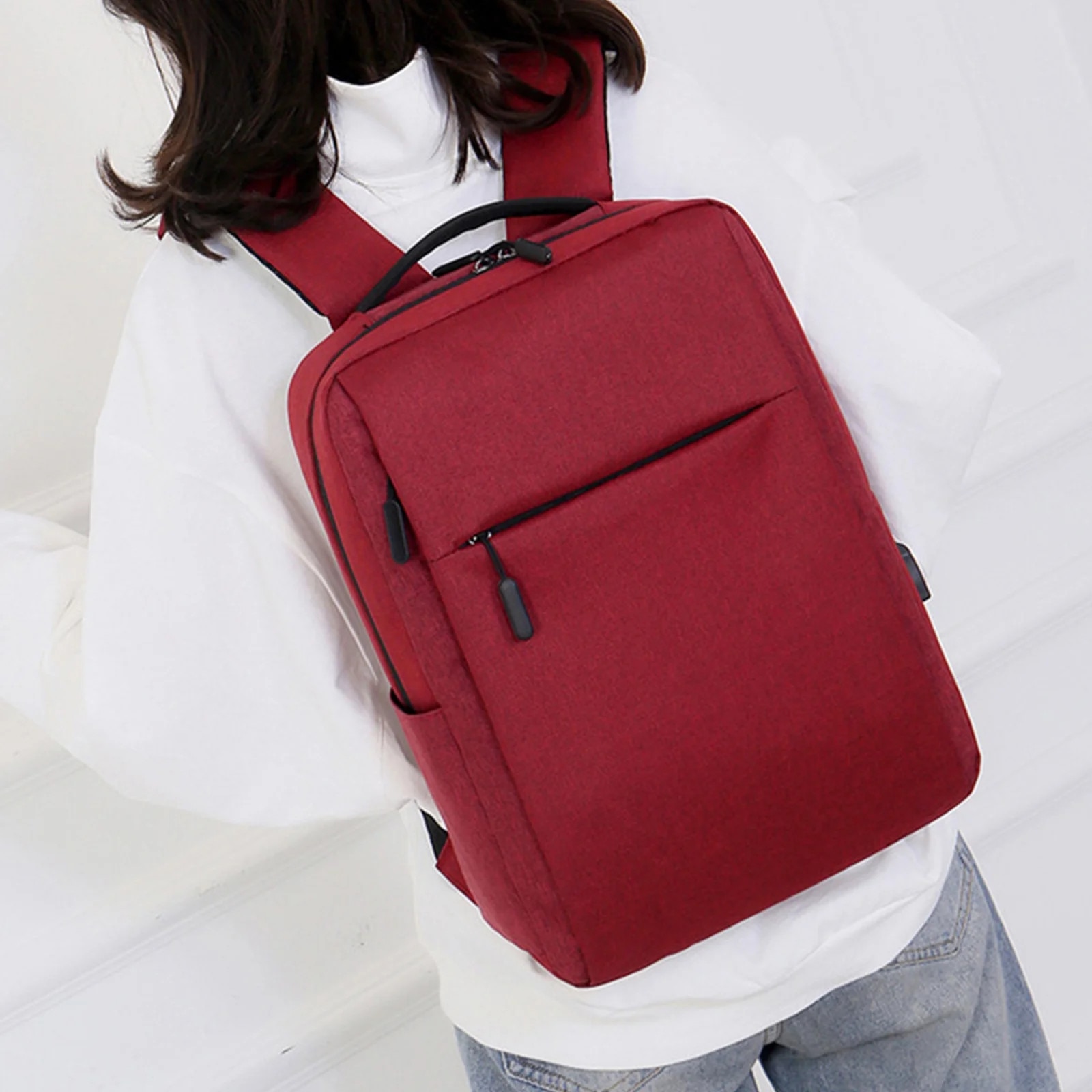 Rucsac de afaceri, panza, impermeabil, pentru laptop de 15.6 inch, cu port USB, 41x29x12cm, rosu