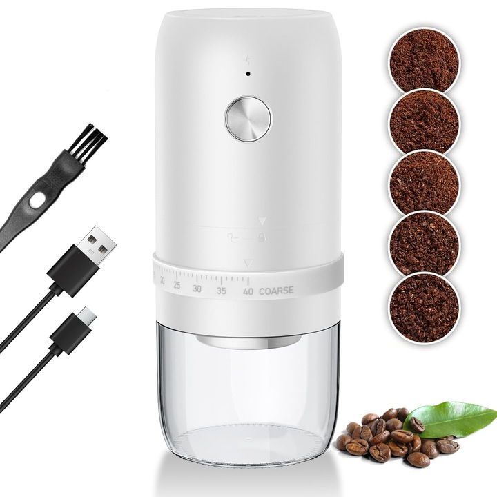 Rasnita de cafea electrica portabila, cu 40 de setari de macinare reglabile, freza ceramica conica, reincarcabila, cu perie de curatare, pentru uz casnic, camping, calatorii, alb