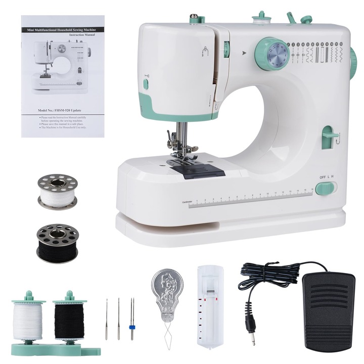 Masina de cusut electrica portabila, 12 cusaturi incorporate, viteza dubla, cu pedala si truse de cusut, ac dublu imbunatatit, lumina LED, verde