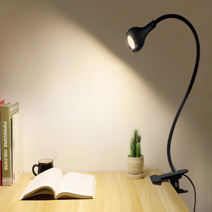 Lampa de birou LED ZYBLSSBB LSM2xh6753-BCS0222871-1, clip cu clema si brat flexibil, USB 1W, lumina calda, aluminiu/PVC, negru