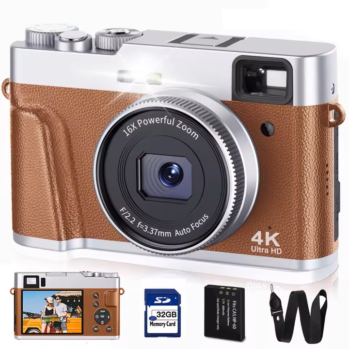 Компактна 4K камера, Hesasa®, 48MP 4K, 2.8-инчов LCD, 180° завъртащ се екран, 16x увеличение, Anti-shake, компактни фотоапарати за пътуване за подарък, с 32GB микро карта - кафява