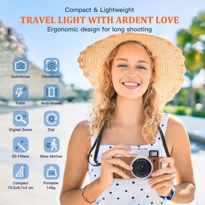 Kompakt 4K kamera, Hesasa®, 48MP 4K, 2,8 hüvelykes LCD, 180°-ban kihajtható képernyő, 16x zoom, képstabilizátor, kompakt utazókamerák ajándékba, 32 GB-os micro kártyával - barna