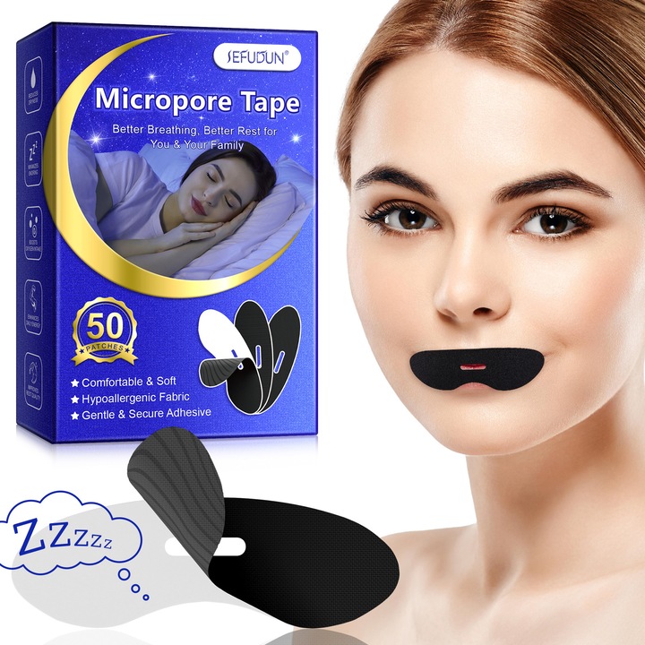 Set 50 Benzi tip Plasture Anti-sforait, Material Hipoalergenic& prietenos cu pielea, Rezistent la umezeala si confortabil, Cu orificii de aerisire, Stimuleaza aportul de Oxigen, Regleaza Tulburarile Respiratorii pentru un Somn Linistit, Unisex, Negru