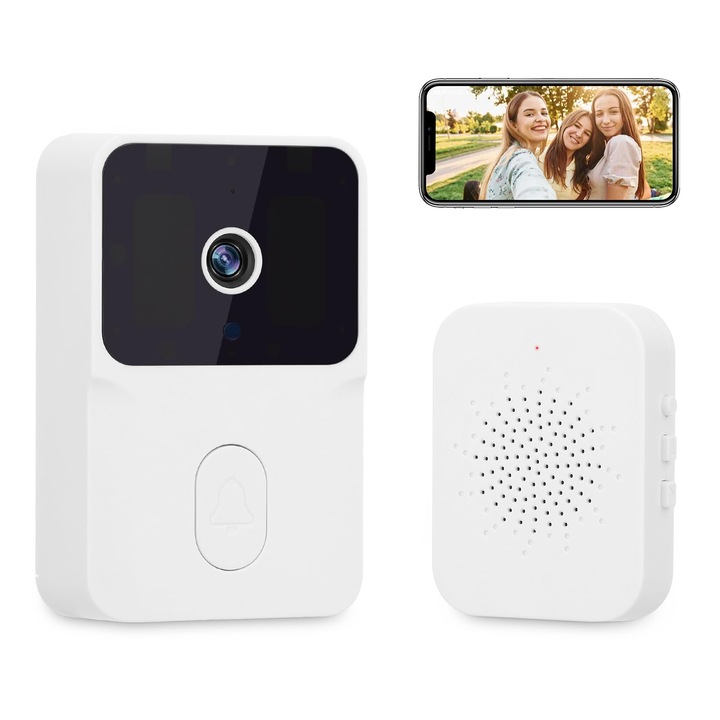 Sonerie Fara fir Wireless, cu vedere nocturna, Sonerie video inteligenta, video la distanta38 melodii disponibile, 4 trepte de volum, Cu functie de schimbare a vocii, instantaneu vizitator, alb