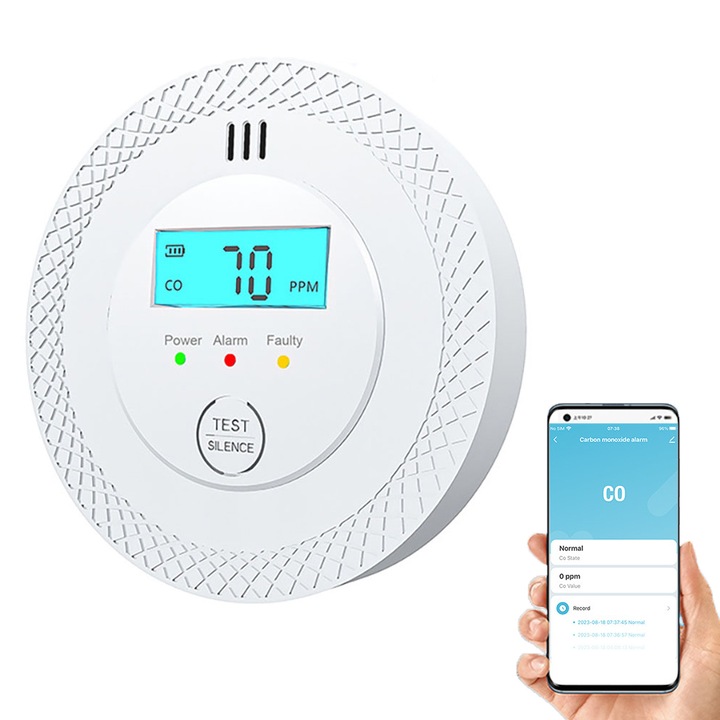 Detector 2 in 1 Monoxid de Carbon si Fum, BOMSTOM, inteligent Wifi, compatibil TUYA Smart Life, afisaj LCD, Indicator stare LED, alarme sonore si vizuale, alimentat cu baterii, alb