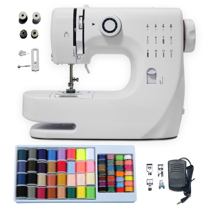 Електрическа шевна машина за начинаещи, 12 вградени шева, двойна скорост, с педал, 6 комплекта сменяеми притискащи крачета, съдържа кутия с цветни конци, сива