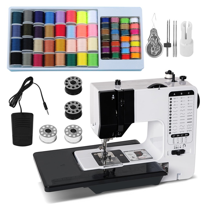 Преносима шевна машина за начинаещи, 38 бода, двойна скорост на обратен бод, педал и комплект за шиене с 60 части, с разтегателна маса, лесна за употреба, черно/бяло