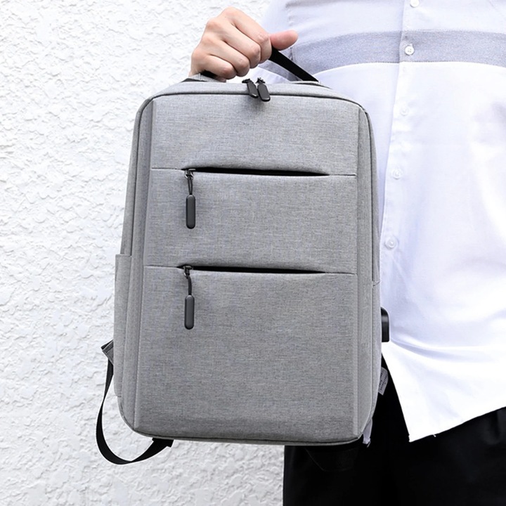 Rucsac laptop 15.6 inch, gri, port USB, rezistent la apă