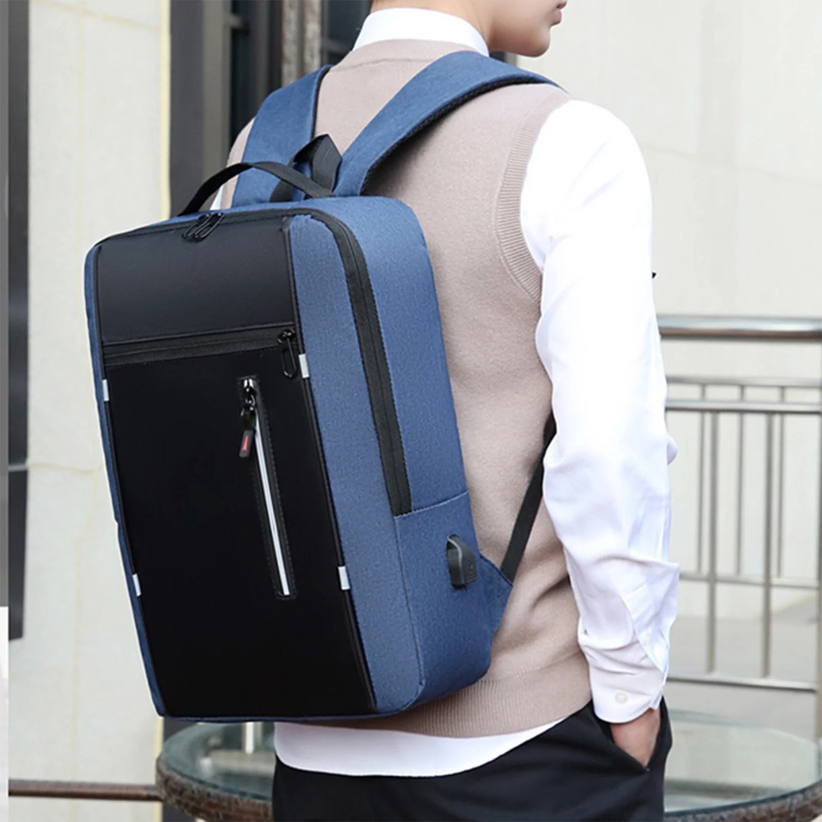 Rucsac laptop YANYXR 16 inch, slim, rezistent, albastru inchis, 43x31x12cm, cu port USB