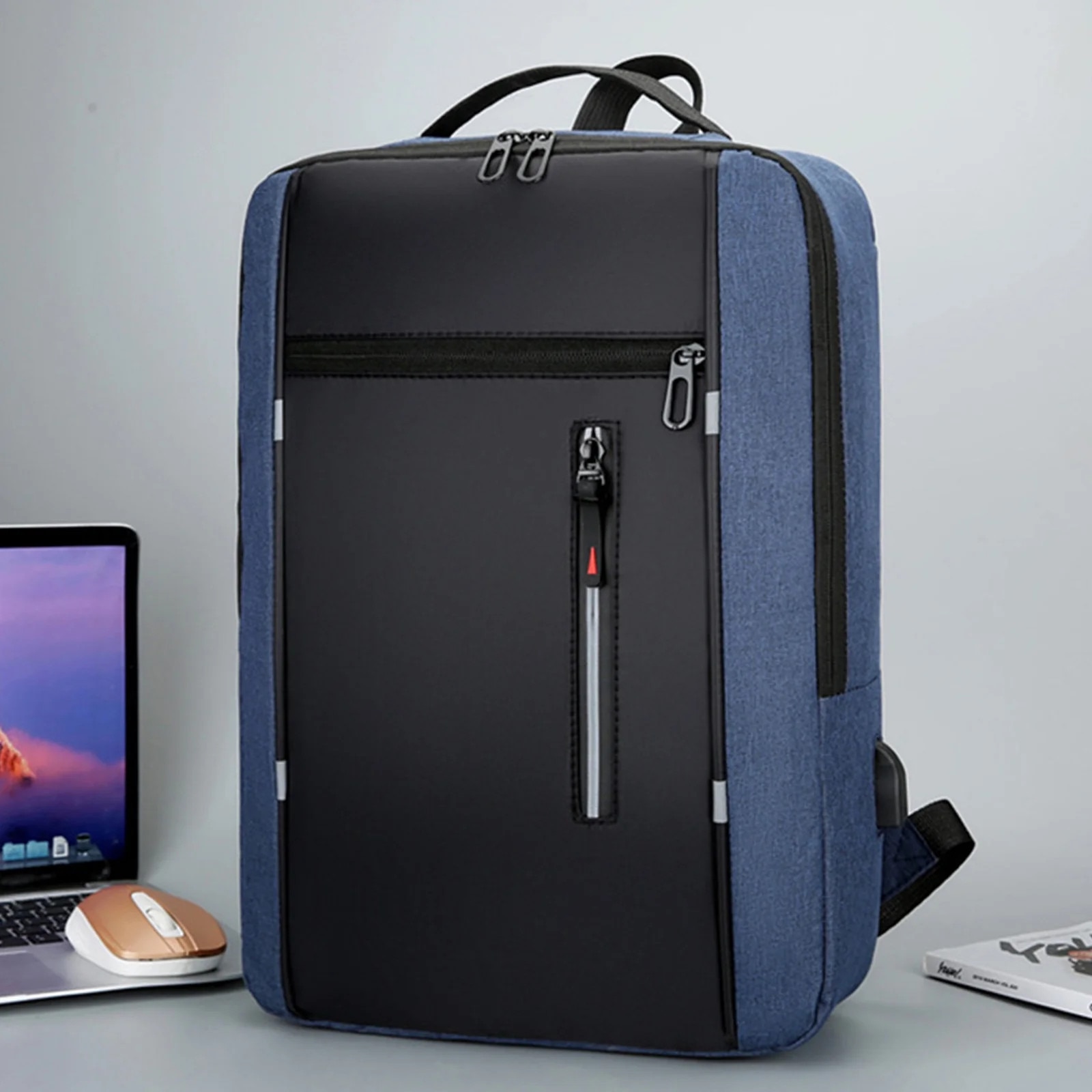 Rucsac laptop YANYXR 16 inch, slim, rezistent, albastru inchis, 43x31x12cm, cu port USB