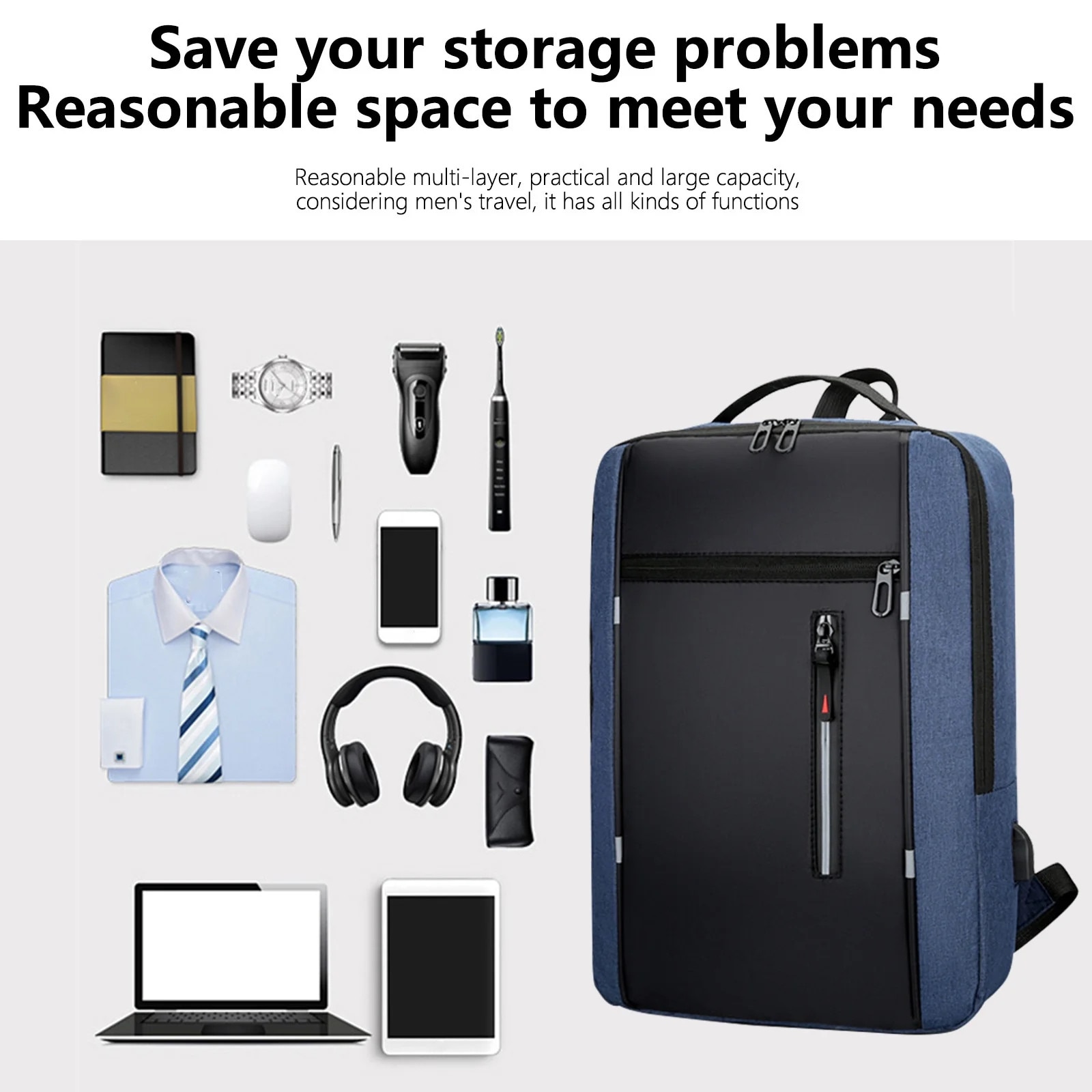 Rucsac laptop YANYXR 16 inch, slim, rezistent, albastru inchis, 43x31x12cm, cu port USB