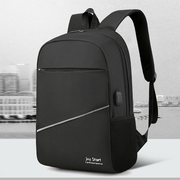 Rucsac laptop 15.6 inch, negru, material nylon, cu port USB, dimensiuni 45x28x11cm