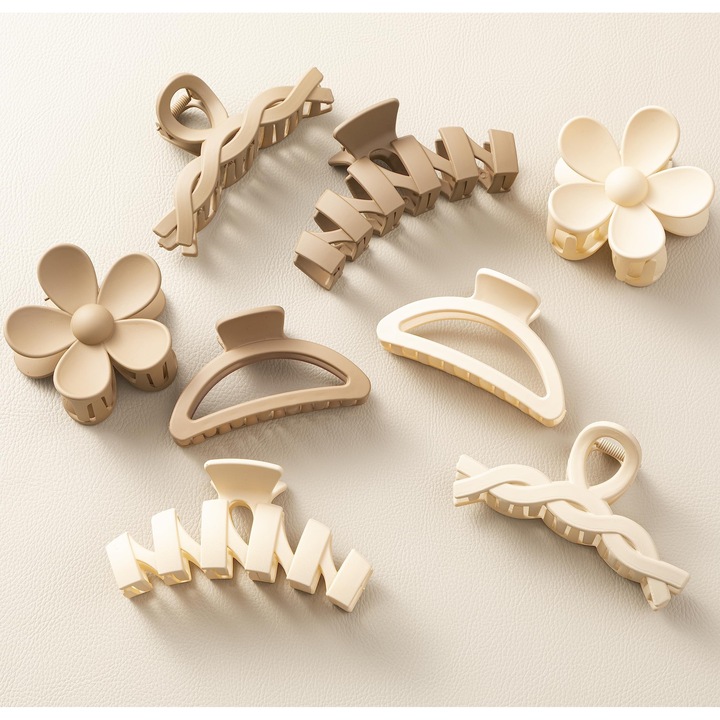Set 8 clame de par OVERTANG, culori neutre, design anti-alunecare, potrivite pentru par gros, ondulat sau drept