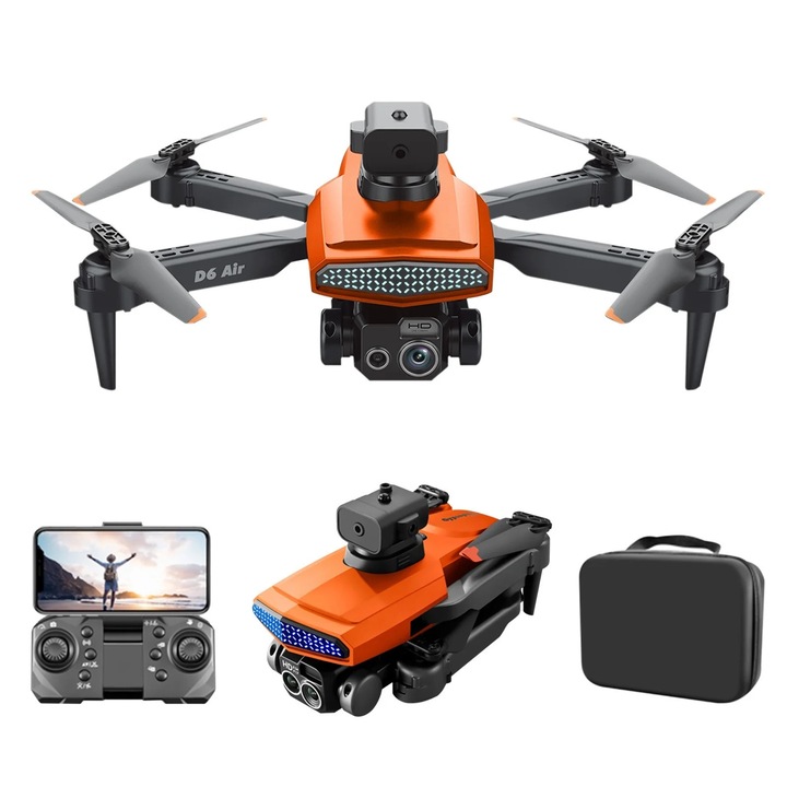 Dronă cu cameră FPV 4K, telecomandă, menținerea altitudinii, portocalie, set complet, 24x23x9cm
