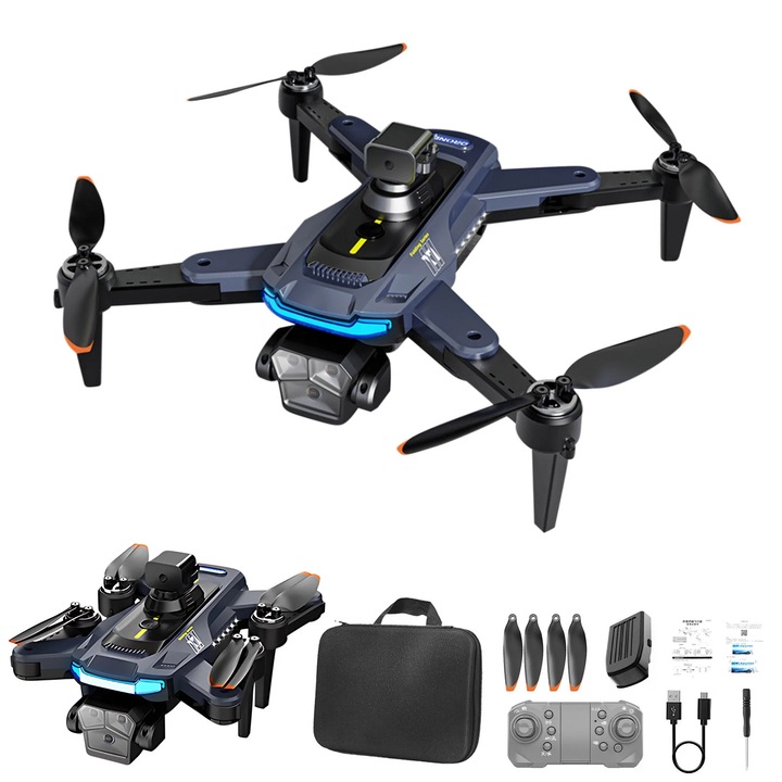 Drona FPV 2.4G cu camera 4K, motor fara perii, functie de urmarire automata, raza 100 m, autonomie 15 min, 25x22x6cm, negru/albastru inchis