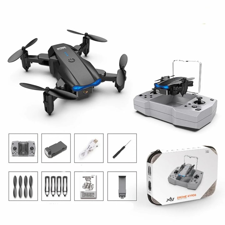 Drona KY906 4K HD cu camera duala, gri/negru, dimensiuni 14.8x13.3x3.6cm, set complet