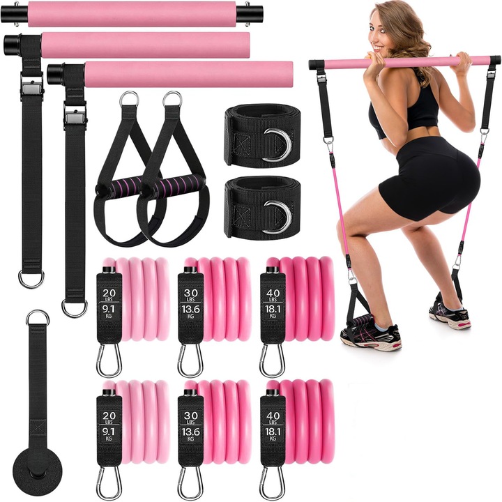 Set Bara Pilates cu Benzi de Rezistenta, MWAOWM, 180lbs, 6 benzi, 2 manere, 2 curele pentru glezne, geanta de transport