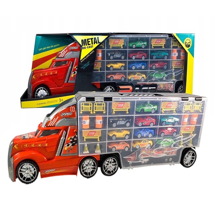 Camion valiza cu platforma, 10 masinute, accesorii si joc de masa – Set complet cu lansator si spatii de depozitare pentru copii 3+