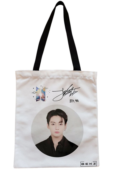 Sacosa Cumparaturi Textila cu Fermoar, Geanta Tote, model BTS Jungkook, 38x34.5 cm, Alba, BEKZ®