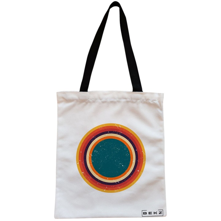 Vászon női hordtáska, retro koncentrikus körök mintával, 38x34,5 cm, fehér, BEKZ