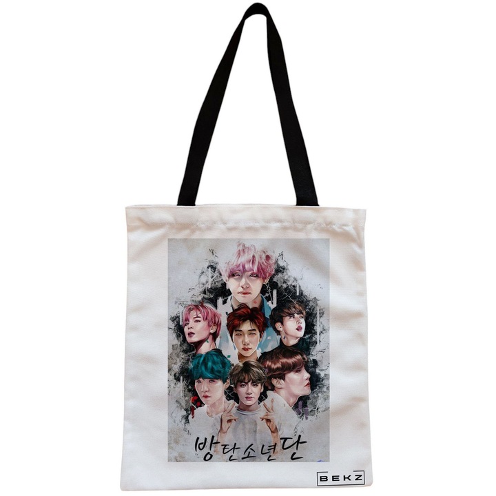 Vászon női hordtáska, BTS Army 3 modell, 38x34,5 cm, fehér, BEKZ